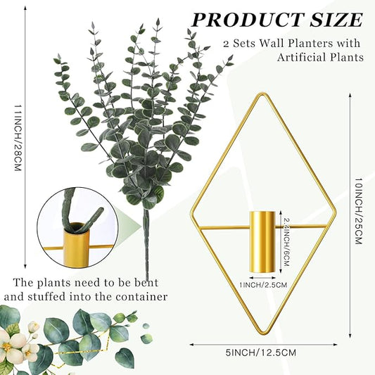 Jexine Hanging Planters with Artificial Eucalyptus Metal Hanging Vase Indoor Plants Holder Modern Geometric Boho Bathroom Wall Decor for Living Room Home Office(Gold,4 Pcs)