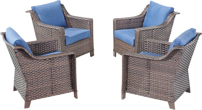 Outdoor Wicker Patio Chairs Set of 4 - Heavy Duty Outside Rattan Lawn Chair for Front Porch Balcony Backyard Yard Deck Poolside Apartment – Brown/Blue