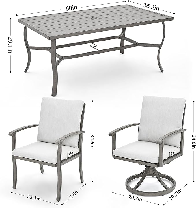 HAPPATIO 7 Piece Patio Dining Set, Aluminum Outdoor Dining Set for 6, Patio Furniture Sets, 2 Swivel Dining Chairs, 4 Dining Chairs, Aluminum Furniture Set for Patio, Yard (Gray)