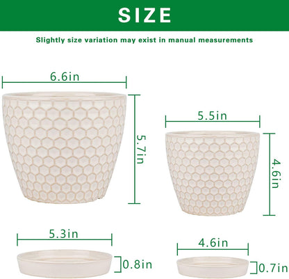 Docrin Ceramic Plant Pots Indoor, 6.6 + 5.5 Inch Flower Pots with Drainage Holes and Saucer for Plants, Set of 2, Milky White Honeycomb