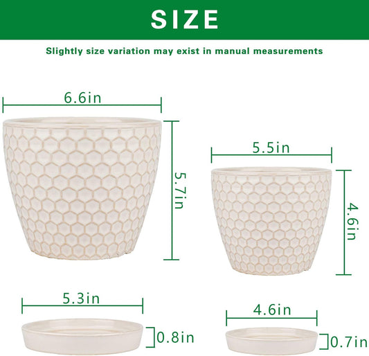 Docrin Ceramic Plant Pots Indoor, 6.6 + 5.5 Inch Flower Pots with Drainage Holes and Saucer for Plants, Set of 2, Milky White Honeycomb
