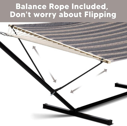 SUNCREAT Hammock with Stand 2 Person Heavy Duty, Freestanding Hammock with Spreader Bar, Soft Pillow, Gray Stripes