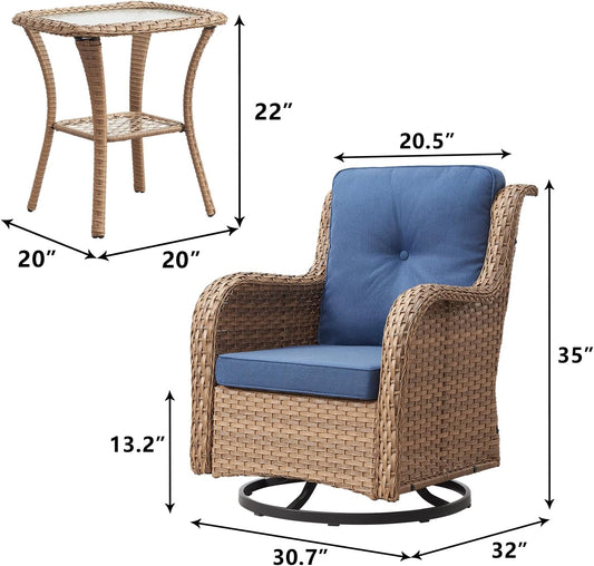 Outdoor Patio Swivel Rocker Chairs - 3 Piece Patio Bistro Set,Wicker Patio Furniture Set with 2 Swivel Rocking Chairs and 1 Glass Top Side Table for Deck Porch Garden,Yellow/Blue