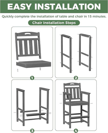 HDPE Outdoor Patio Tall Adirondack Bar Chair, All-Weather Bar Height Balcony Adirondack Stools for Bistro, Garden, Backyard, Deck | Grey