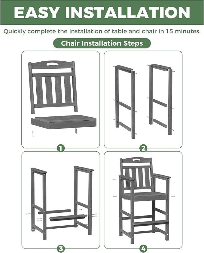 HDPE Outdoor Patio Tall Adirondack Bar Chairs Set of 2, All-Weather Bar Height Balcony Adirondack Stools for Bistro, Garden, Backyard, Pool, Deck | Grey