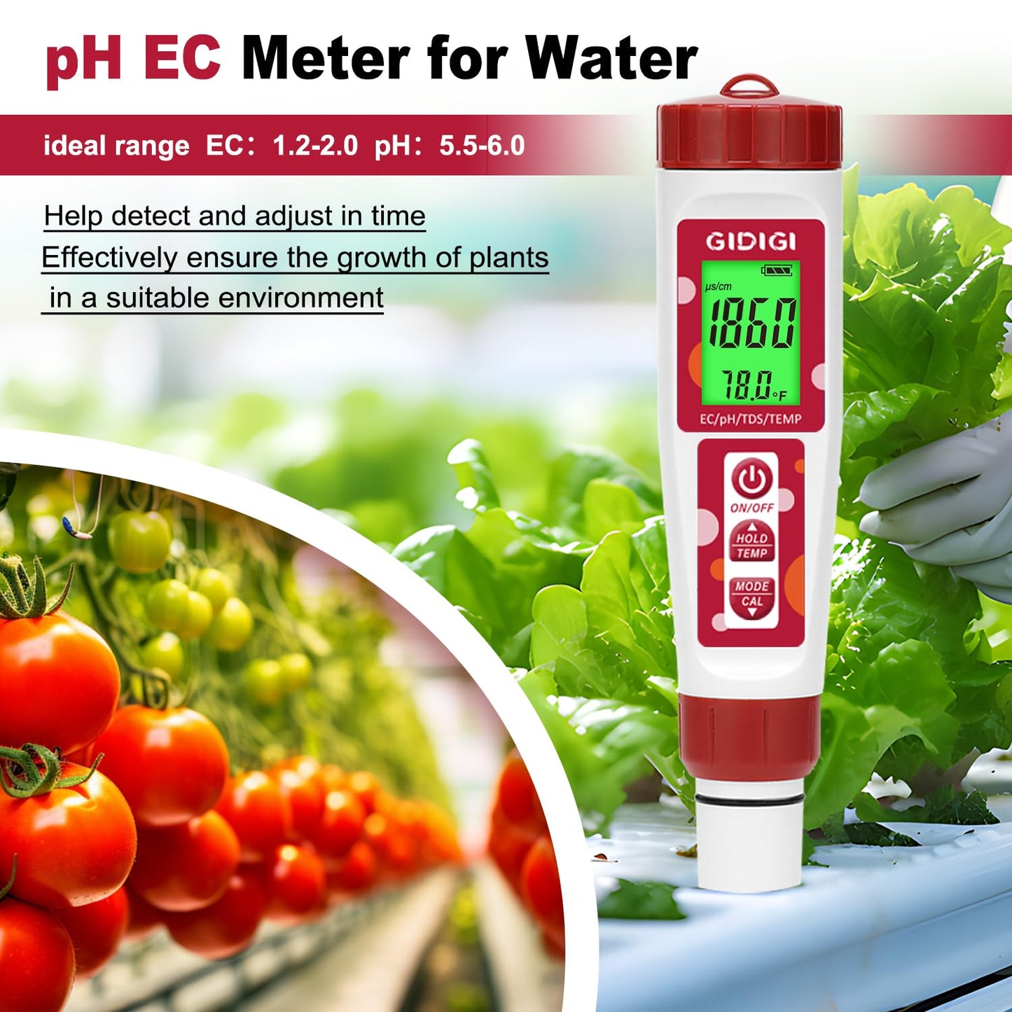 pH Tester,Digital pH Meter for Water,TDS Meter for Drinking Water with pH Calibration Solution 4 in 1 TDS pH EC Meter for Nutrients Water,Aquarium,Drinking Water,Tap Water,Irrigation Water