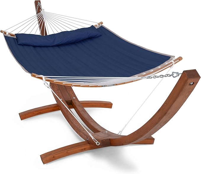 SUNCREAT Hammocks Standing Backyard Hammock with Stand, 2 Person Heavy Duty Hammock with 13.5 ft Wooden Stand, Navy