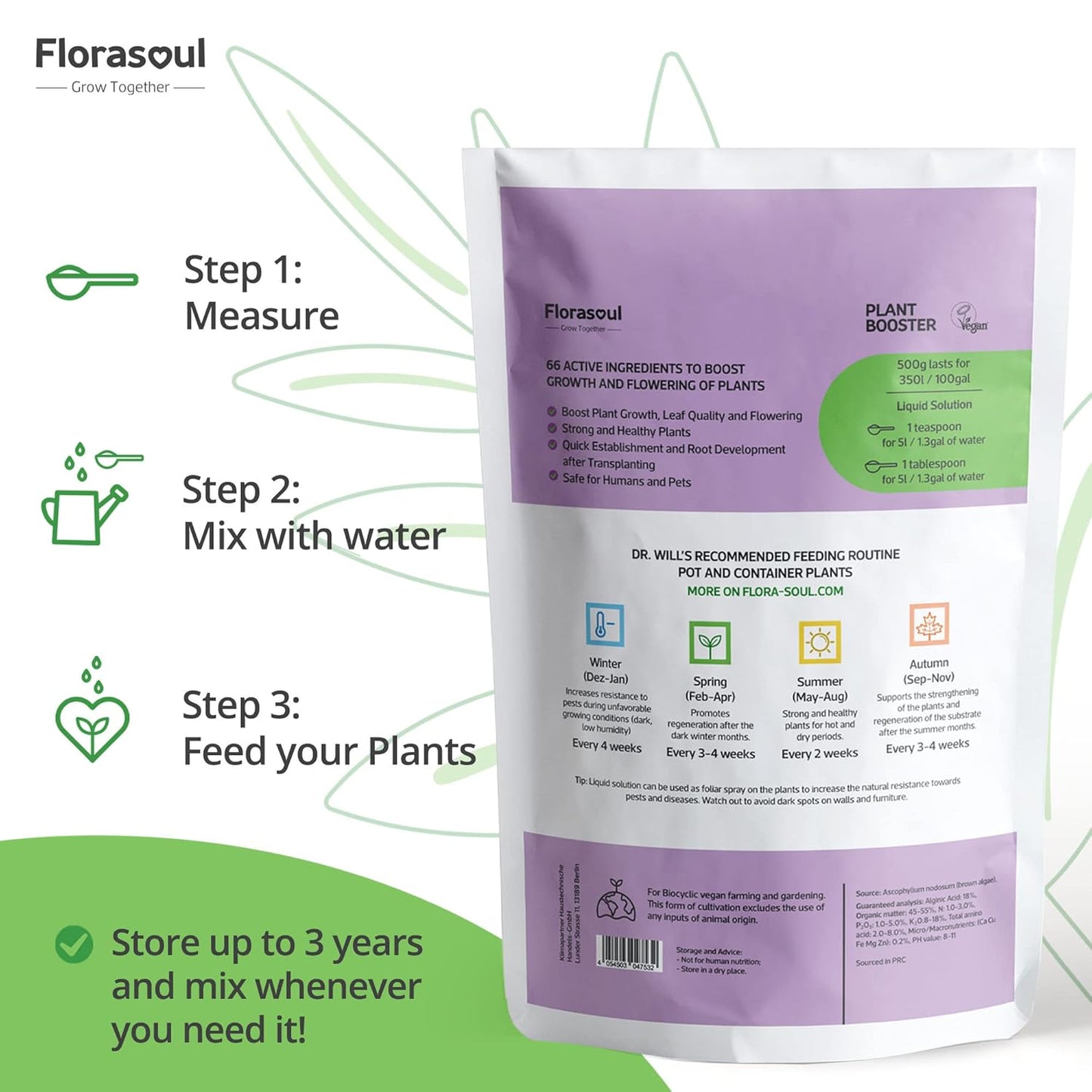 PLANT BOOSTER Indoor Plant Food Water Soluble Flakes Organic Seaweed Fertilizer NO SMELL Best House Plant Feed Eco Friendly, Certified Vegan Organic Plant Fertilizer 500g/350l