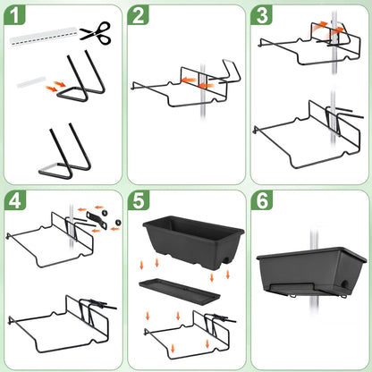 HAITRAL Hanging Planters for Outdoor Plants,Deck Railing Planter Boxes Countryside Style Window Boxes Planters, Balcony Flower Pots Plastic Railing Planter with Metal Brackets for Fence,Black 6 Pcs