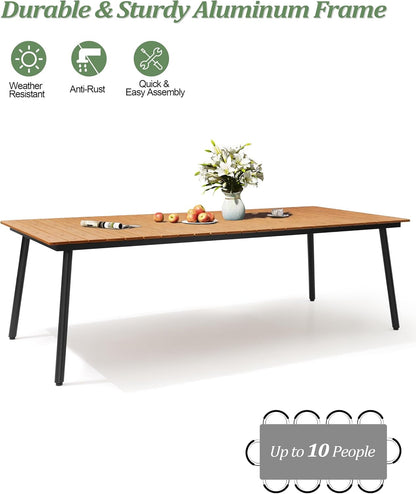 Outdoor Dining Table for 8-10, 94.5 inch Patio Dining Table with Wooden-Like Top and Aluminum Frame, Rectangular Table with Umbrella Hole Outdoor Furniture, Brown