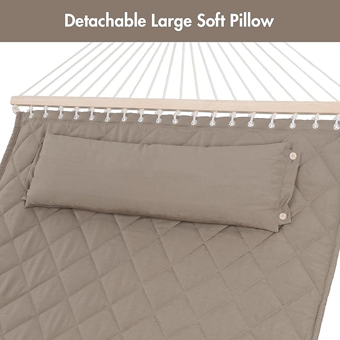 ANOW Double Hammock with Spreader Bars and Detachable Pillow, 2 Person Hammock for Outside, 450 LBS Weight Capacity, Light Brown
