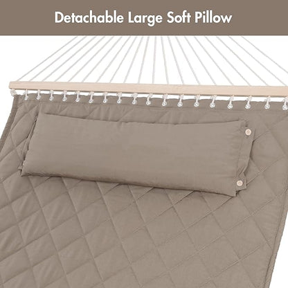 ANOW Double Hammock with Spreader Bars and Detachable Pillow, 2 Person Hammock for Outside, 450 LBS Weight Capacity, Light Brown