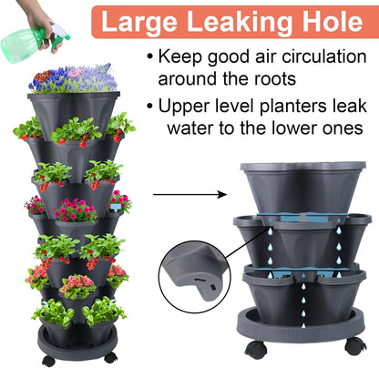 Vertical Planter, 7 Tier Stackable Strawberry Planter with Garden Tool Set, Movable Indoor/Outdoor Garden Herb Pot for Growing Vegetables and Succulents, Dark Gray