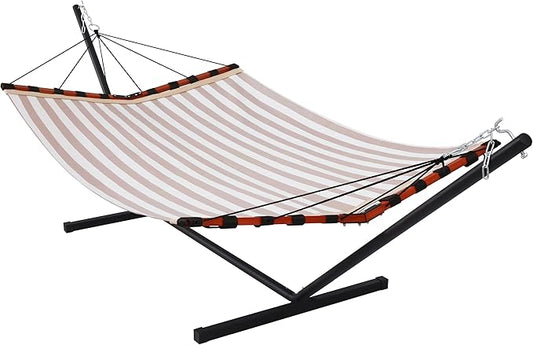 TegerDeger 12FT 2 Person Hammock with Stand Included 55 x 79IN Large Hammock Quick Dry 450LB Capacity with V Shaped Hardwood Spreader Bar & Nylon Rope for Outside, Patio, Garden - Tender Beige Stripes