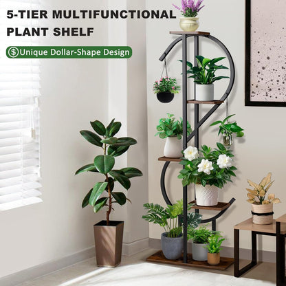 5-Tier Indoor Plant Stand, S-Shaped Corner Plant Stand with hanging Hooks & Gardening Tools, Aesthetic Tall Plants Shelf for Multiple Plants Flower Pot, Outdoor Plant Holder in Patio Balcony