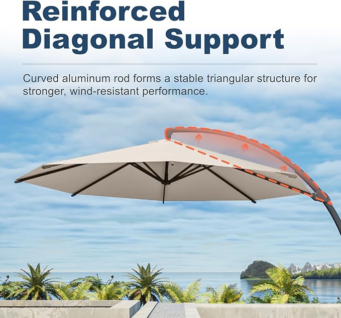 12FT Cantilever Umbrella with Base Large Curvy Outdoor Aluminum Offset Umbrella w/ 360° Rotation, UV Resistant Canopy for Patio, Garden, Backyard, Beige