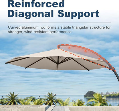 12FT Cantilever Umbrella with Base Large Curvy Outdoor Aluminum Offset Umbrella w/ 360° Rotation, UV Resistant Canopy for Patio, Garden, Backyard, Beige
