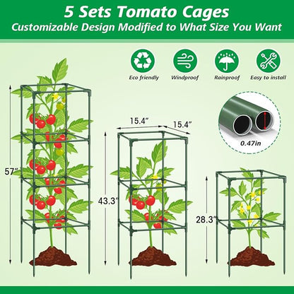 3Pack Tomato Cages for Garden,Square Tomato Plant Cage Support Heavy Duty Pole 57*15.4*15.4 Inches,Steel Plant Tower Stakes,Cherry Tomato Trellis Cucumber for Climbing Vegetables Flowers Fruits-Green