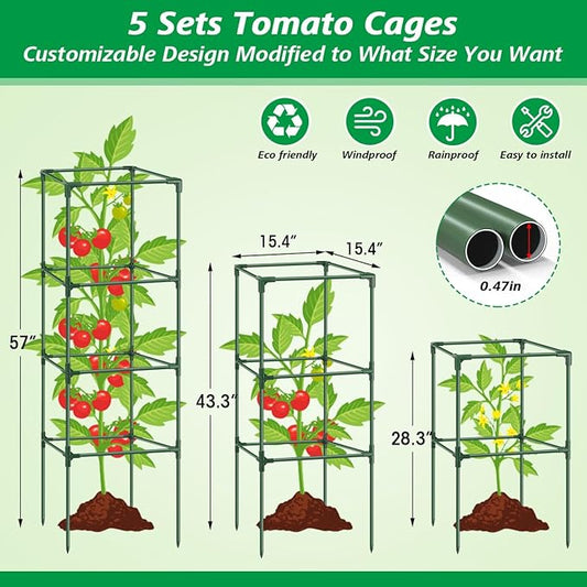 6Pack Tomato Cage, 57*15.4*15.4 Inches Garden Tomato Cages Plant Support Square Pole, Heavy Duty Steel Plant Tower Stakes,Cherry Tomato Trellis Cucumber for Climbing Vegetables Flowers Fruits-Green
