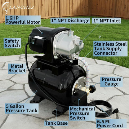 LANCHEZ 1.6HP Shallow Well Pump with Pressure Tank, 1340GPH Automatic Irrigation Water Booster Jet Pump, 115V Stainless Steel Water Transfer Pump for Home Garden Lawn Sprinkler Irrigation