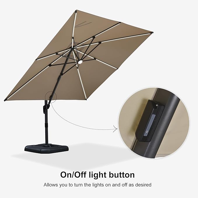 PURPLE LEAF 10 Feet Patio Umbrella Outdoor Cantilever Solar Powered LED Square Umbrella Aluminum Offset Umbrella with 360-degree Rotation for Garden Deck Pool Patio, Beige