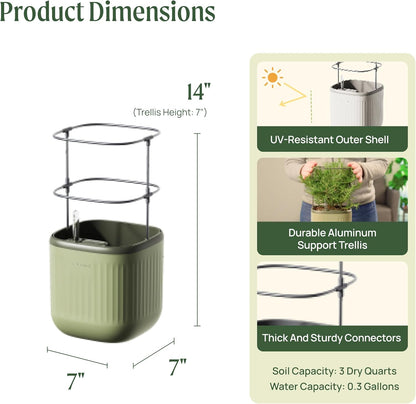 Vego garden Mini Planter Indoor Pots with Trellis Self-Watering Herb Countertop Planter for Climbing Vegetables Flowers Mint Plants Cage- Sage Green