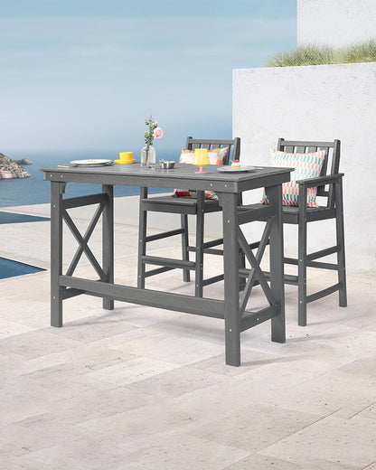 3 Pieces HDPE Outdoor Patio Bar Set, Rectangular Bar Height Table and Chairs Set, Patio Bar Stools Set, HDPE Outdoor Bar Table and Chairs Set for Balcony, Poolside, Porch, Smoke Gray