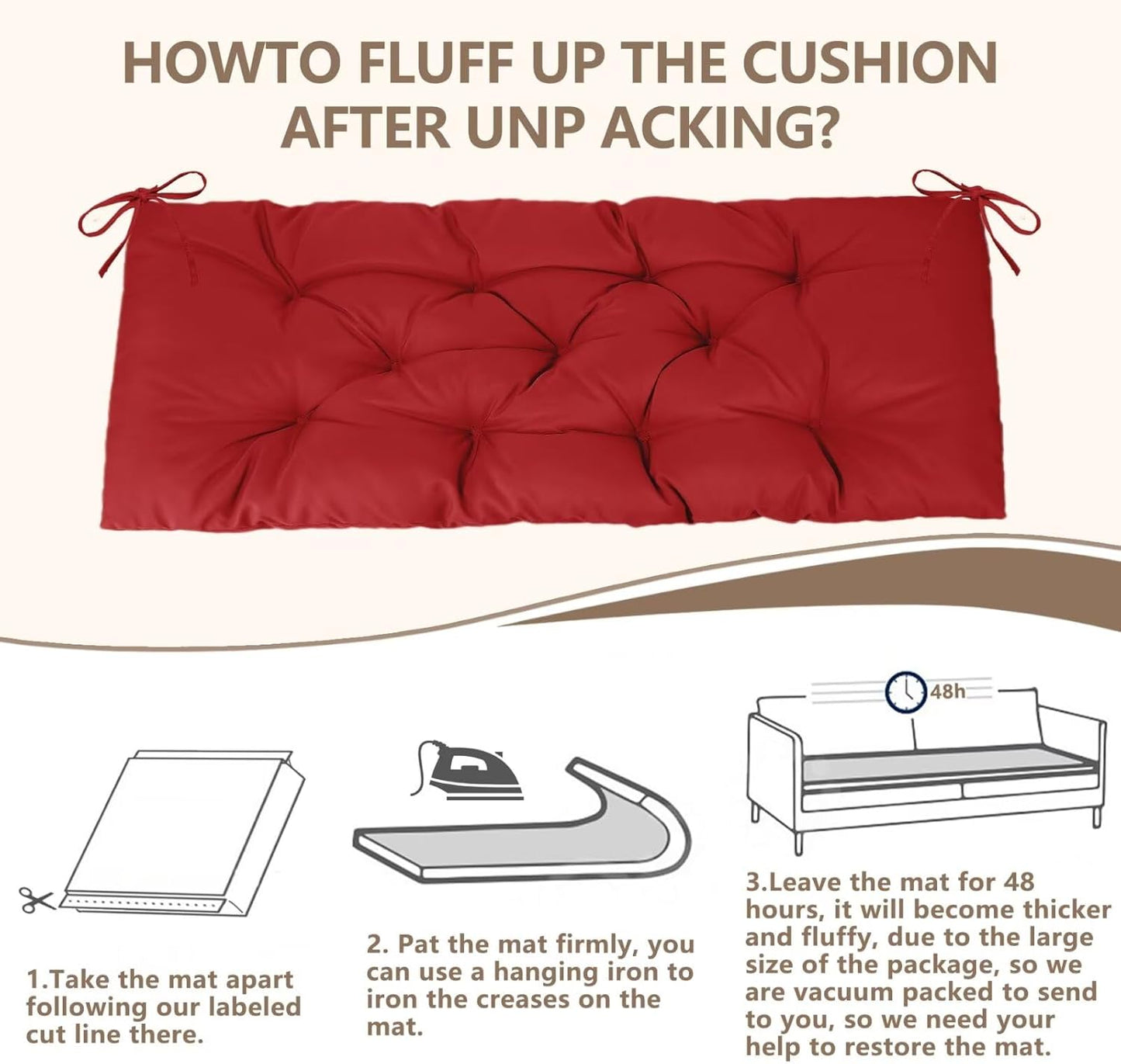 Waterproof Indoor Outdoor Garden Bench Seat Cushions,Thicken Patio Bench Soft Rocking Chairs Pad Lounger Seat for Porch Wicker Loveseat Settee (59 X 19.6 in,Red