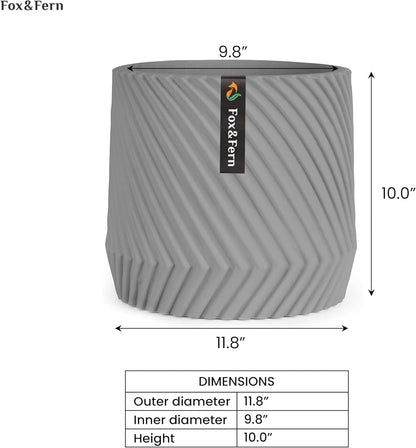 Fox & Fern Large 12 Inch Planter — Premium Polystone Gray Plant Pot with 3D Texture and Drainage Plug; 12 Inch Pots for Plants Indoor; Large Planter for Indoor & Outdoor Plants