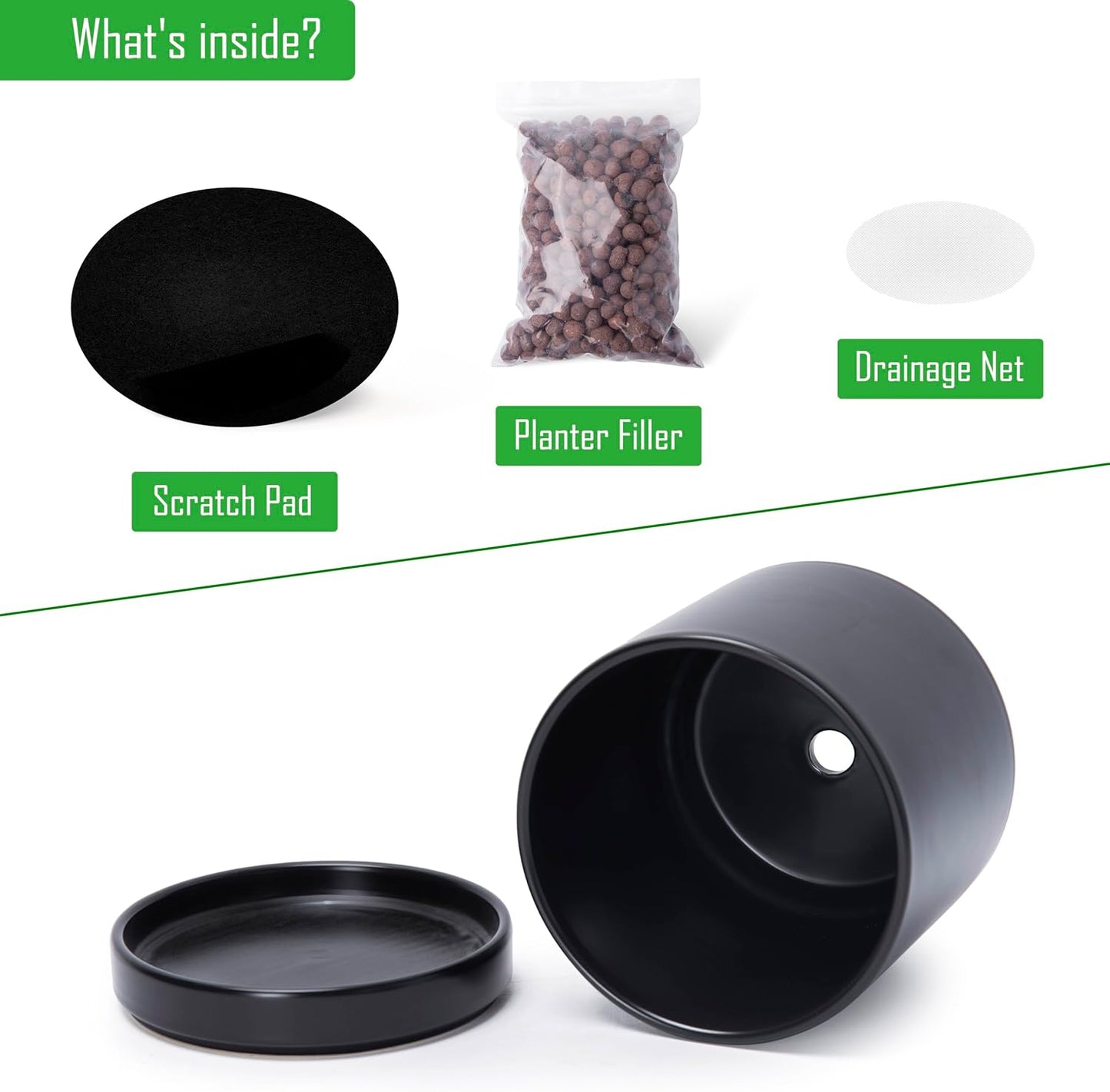 D'vine Dev 4.7 Inch & 6.5 Inch Ceramic Planter Pots for Plants with Drainage Hole and Saucer, Small Plant Pots Set, Black, 94-G-S-2