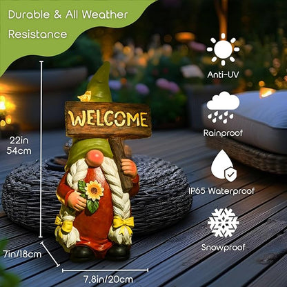 22" Solar Large Gnome Lady Garden Statue Big Female Gnome with Welcome Sign Outdoor Decor with LED Lights Home Porch Yard Patio Lawn Ornament Christmas Housewarming Gardening Gift