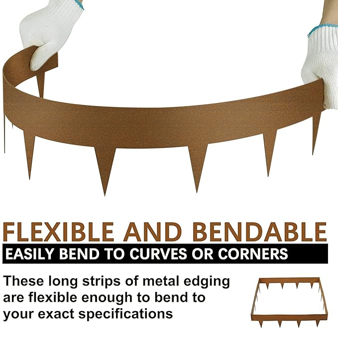 Worth Garden 10-Pack Corten Steel Landscape Lawn Edging - 4.5in H Rust Patina Finish Bendable Metal Strips - Hammer-in Pre-Rusted Border w/ 11 Clips - Yard Pathway Divider (33Ft Total)