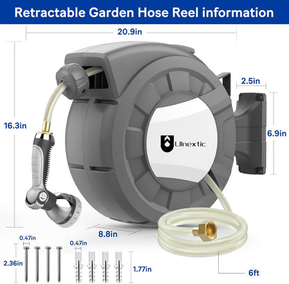 Retractable Garden Hose Reel,1/2 in x 50 ft Wall Mounted Hose Reel,10-Pattern Spray Nozzle, Any Length Lock/Slow Return System/Wall Mounted/180°Swivel Bracket
