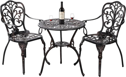 Bistro Set 3 Piece Outdoor Bistro Table and Chair Set of 2 Cast Aluminum Patio Furniture with Umbrella Hole,Patio Bistro Table Sets for Garden,Yard(Brown)