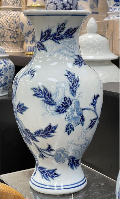 Galt International Blue and White Floral Chinoiserie Ceramic Vase 14" - Hand Painted Antique Style Porcelain Flower Bottle Fishtail Porcelain Chinese Vase for Home Decor Centerpiece