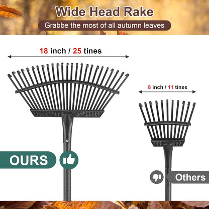 Metal Garden Rake, 5FT Rake for Leaves Lawns, 25 Metal Tines 18 inch Wide with Adjustable Handle Heavy Duty Yard Leaf Rakes for Gardening