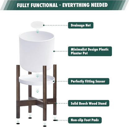 D'vine Dev Planter Pot with Stand - 14 Inch Plastic Cylinder Flower Pot with Wood Planter Holder for Indoor, Matte White Pot + Walnut Color Stand, 55-C-R-1