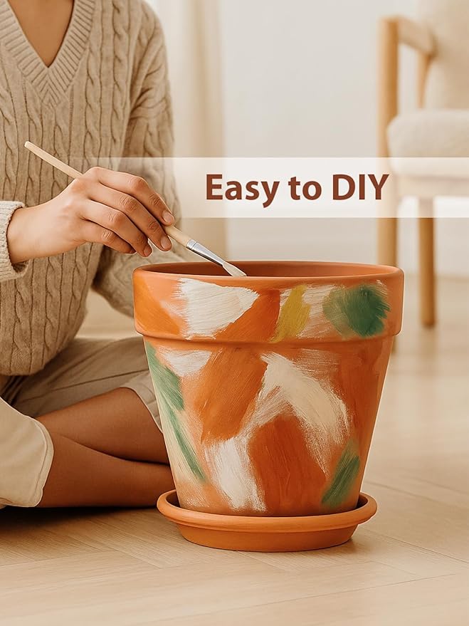 INGOFIN Terracotta Pot Set of 2 with Saucer - 10 Inch Ceramic Clay Pot for Plants with Drainage Hole, Large Terra Cotta Flower Planter with Tray for Indoor Outdoor Plants