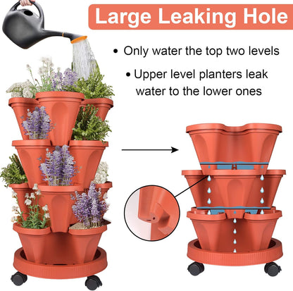 DUNCHATY Stackable Planters 4 Tier Vertical Garden Planting Tower Planters Strawberry, Herb, Flower, and Vegetable Planter Indoor Outdoor Gardening Pots with Removable Wheels and Tools