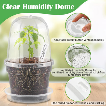 BTPLASTIK 6 Inch Clear Nursery Pots with Humidity Domes 15 Pack, Transparent Plastic Plant Pot with Drainage Holes and Saucers, Seed Starter Pots with 15 Pcs Plant Labels and 15 Pcs Soil Screens