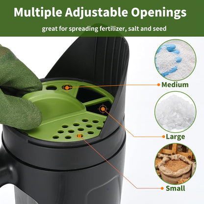 Seed Spreader Hand Held, Hand Spreader Lawn and Garden for Fertilizer Grass Seed Salt Ice Melt Earth Food, Seed Shaker with Multiple Adjustable Opening Sizes for All Purpose, Up to 80 Oz