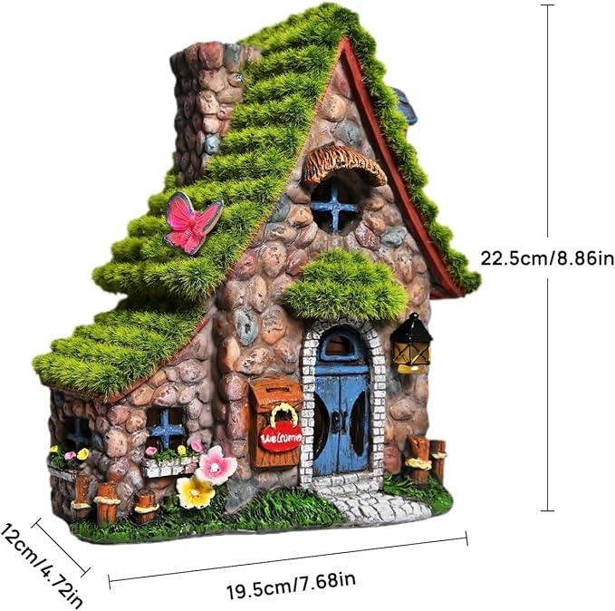 ASAWASA Resin Fairy House Statues with Solar Powered Lights, Funny Garden Sculptures with Flocked and Cobblestone Decor, Exquisite Garden Cottage Figurines