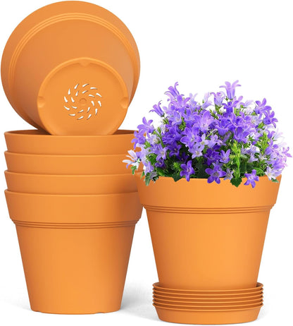 7 Inch Thick Plastic Plant Pots with Drainage Holes and Trays – 6 Pack Nursery Pots for Indoor & Outdoor House Plants, Seedling Starter Planters for Garden Flowers, Terracotta