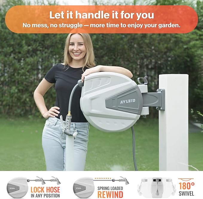 Ayleid Retractable Garden Hose Reel,1/2 in x 100 ft Wall Mounted Hose Reel, with 9- Function Sprayer Nozzle, Any Length Lock/Slow Return System/Wall Mounted/180°Swivel Bracket (Grey)