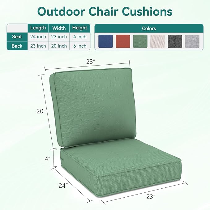 Outdoor Chair Cushions 23" x 24" x 4", Patio Deep Seat Replacement Cushions Set with Zippered Removable Cover, Weather-Resistant Olefin Fabric for Garden Chair Sofa Couch, Set of 2, Green