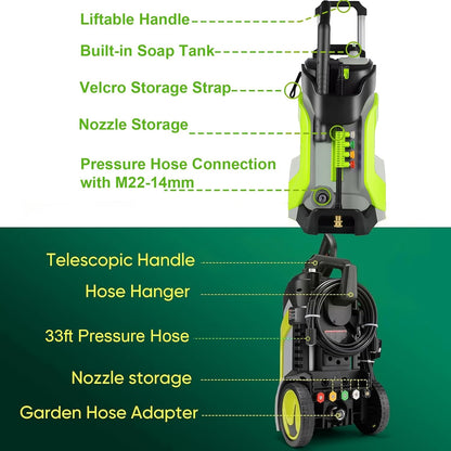 Electric Pressure Washer 5000PSI 4.0GPM Power Washers with M22-14mm Pressure Hose 33FT, Power Sprayers High Pressure with 1/4" QC Compatible Surface Cleaner for Home Cars Driveways, LGreen