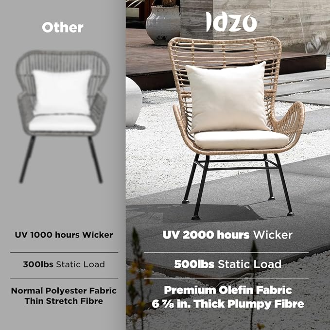IDZO Isabelle Upgraded 2000 Hours UV Wicker Chairs Outdoor Set of 2, 500 lbs Capacity Outdoor Patio Chair, All-Weather Club Chair with Water-Resistant Olefin Cushions, Boho Style, Beige