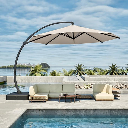 11FT Cantilever Umbrella with Base Large Curvy Outdoor Aluminum Offset Umbrella w/ 360° Rotation, UV Resistant Canopy for Patio, Garden, Backyard, Beige