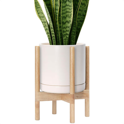 D'vine Dev Ceramic Planter with Natural Stand - 10 Inch Modern Round Flower Pot with Wood Planter Holder, Oatmeal, 55-B-K-8