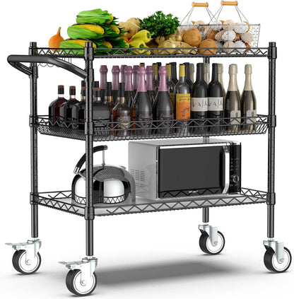 Leteuke 3 Tier Rolling Carts with Wheels,990Lbs Heavy Duty Rolling Utility Cart,NSF Commercial Grade Metal Cart with Handle&Shelf Liner,Trolley Serving Cart for Kitchen,Restaurant,Plant Display,Black